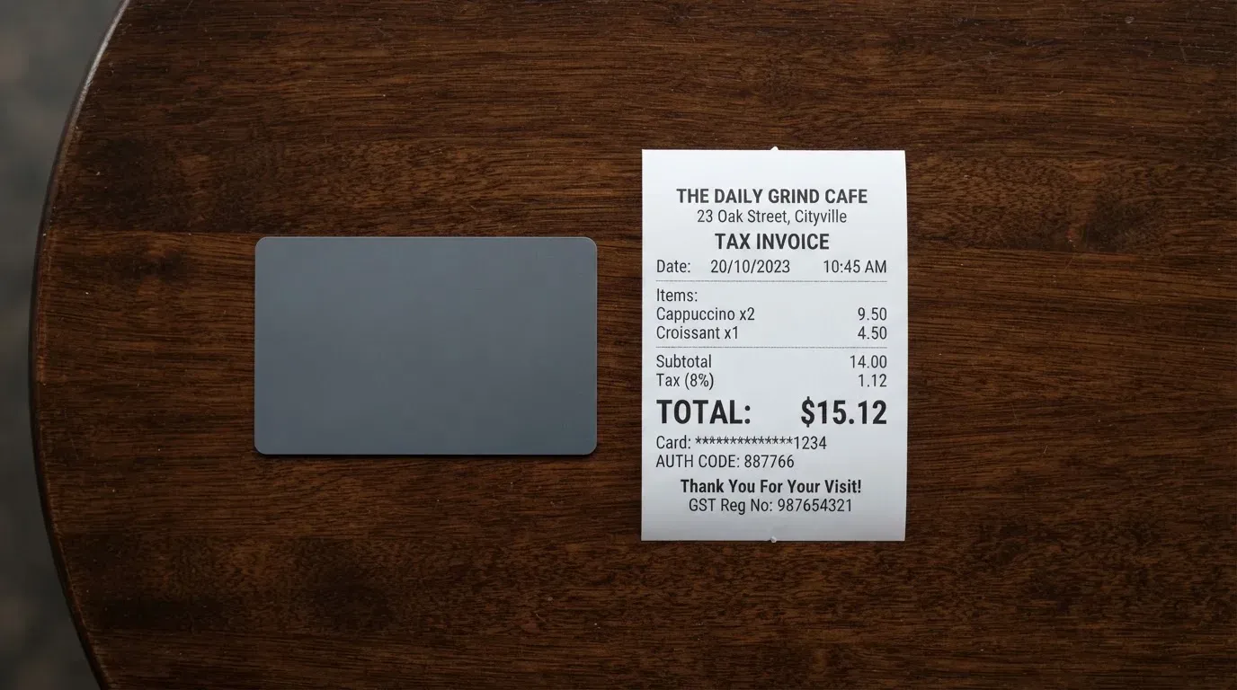 A receipt and a card on a café table