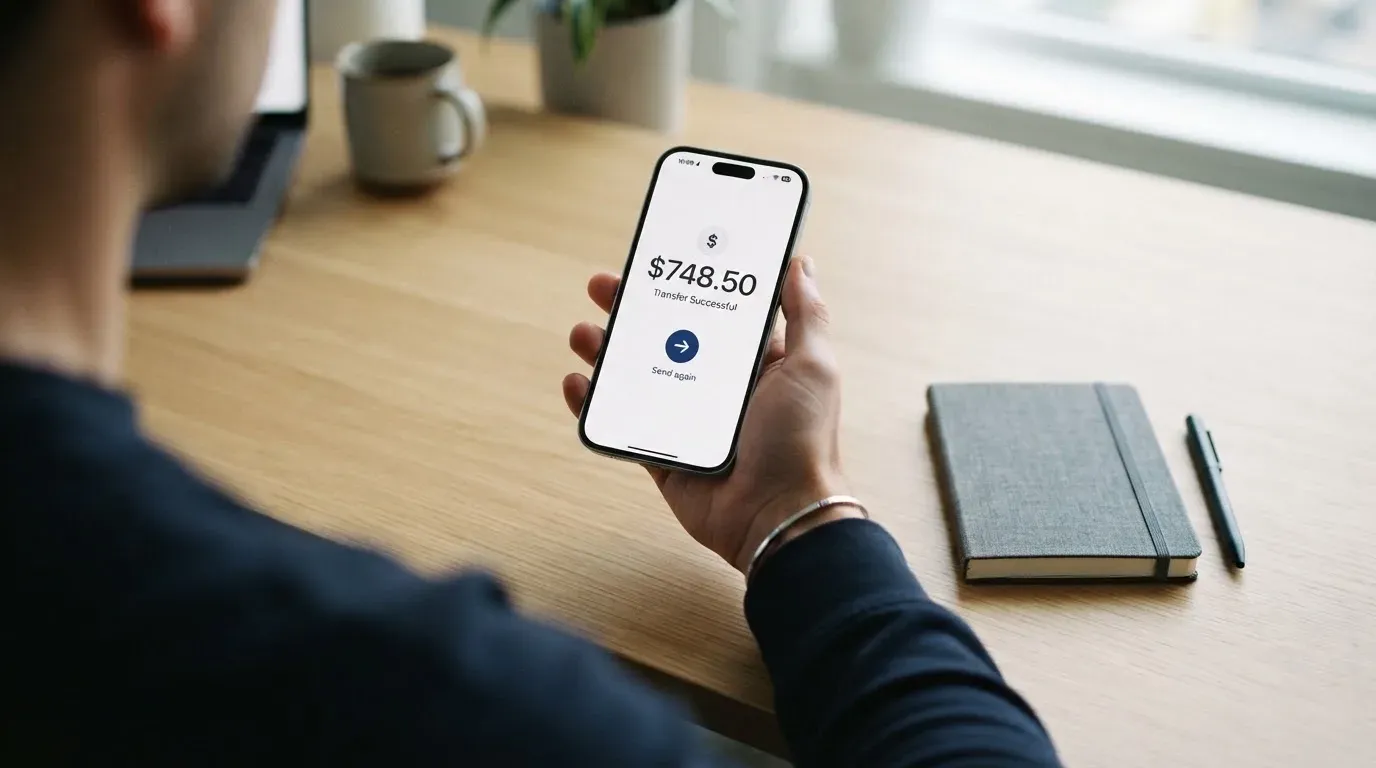 A phone showing a stablecoin transfer screen