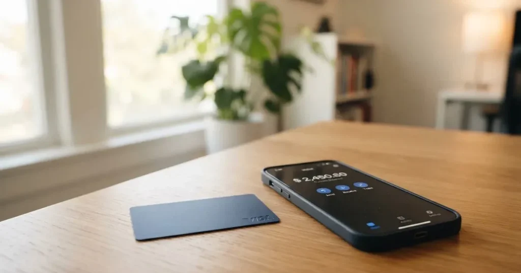 A payment card next to a phone with a crypto wallet app open