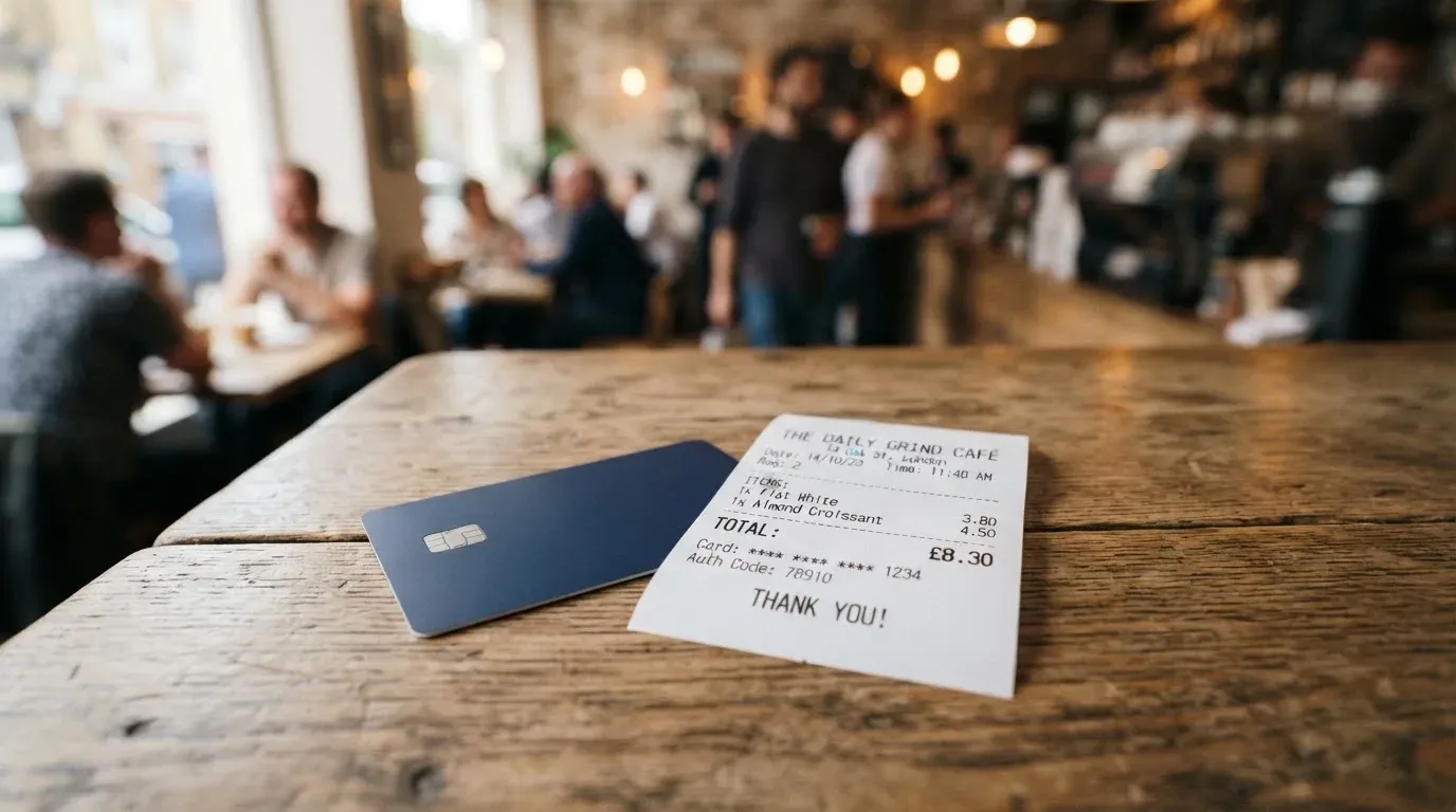 A receipt and a card on a café table