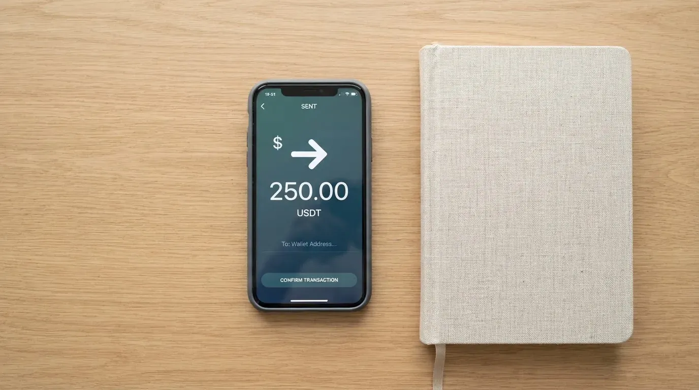 A phone showing a stablecoin transfer screen