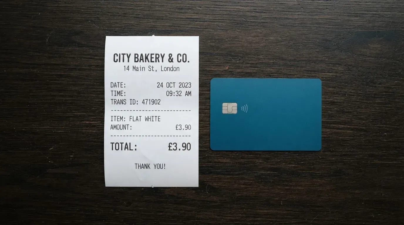 A receipt and a card on a café table