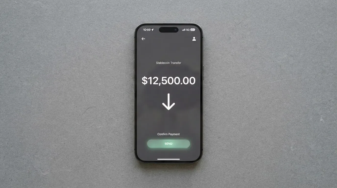 A phone showing a stablecoin transfer screen