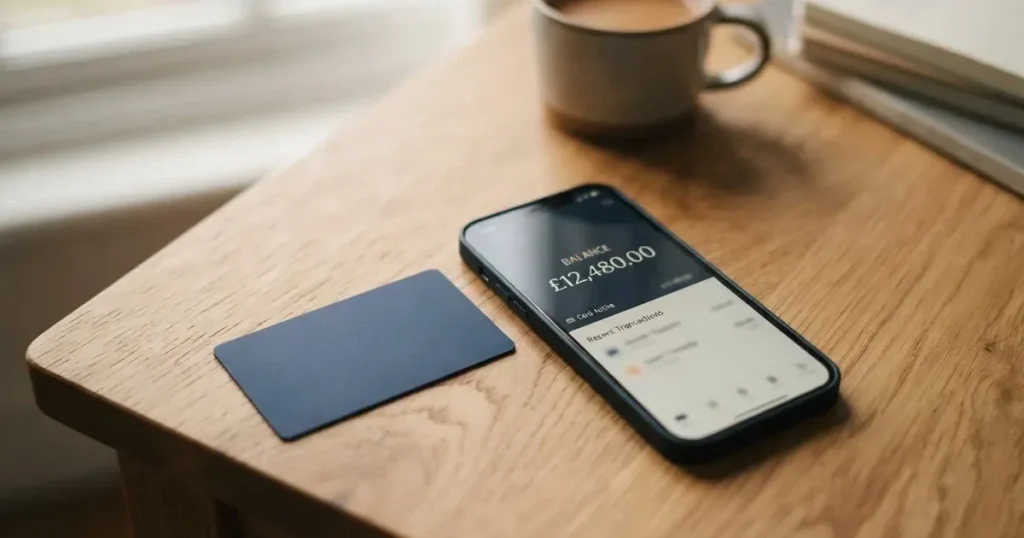 A payment card next to a phone with a crypto wallet app open