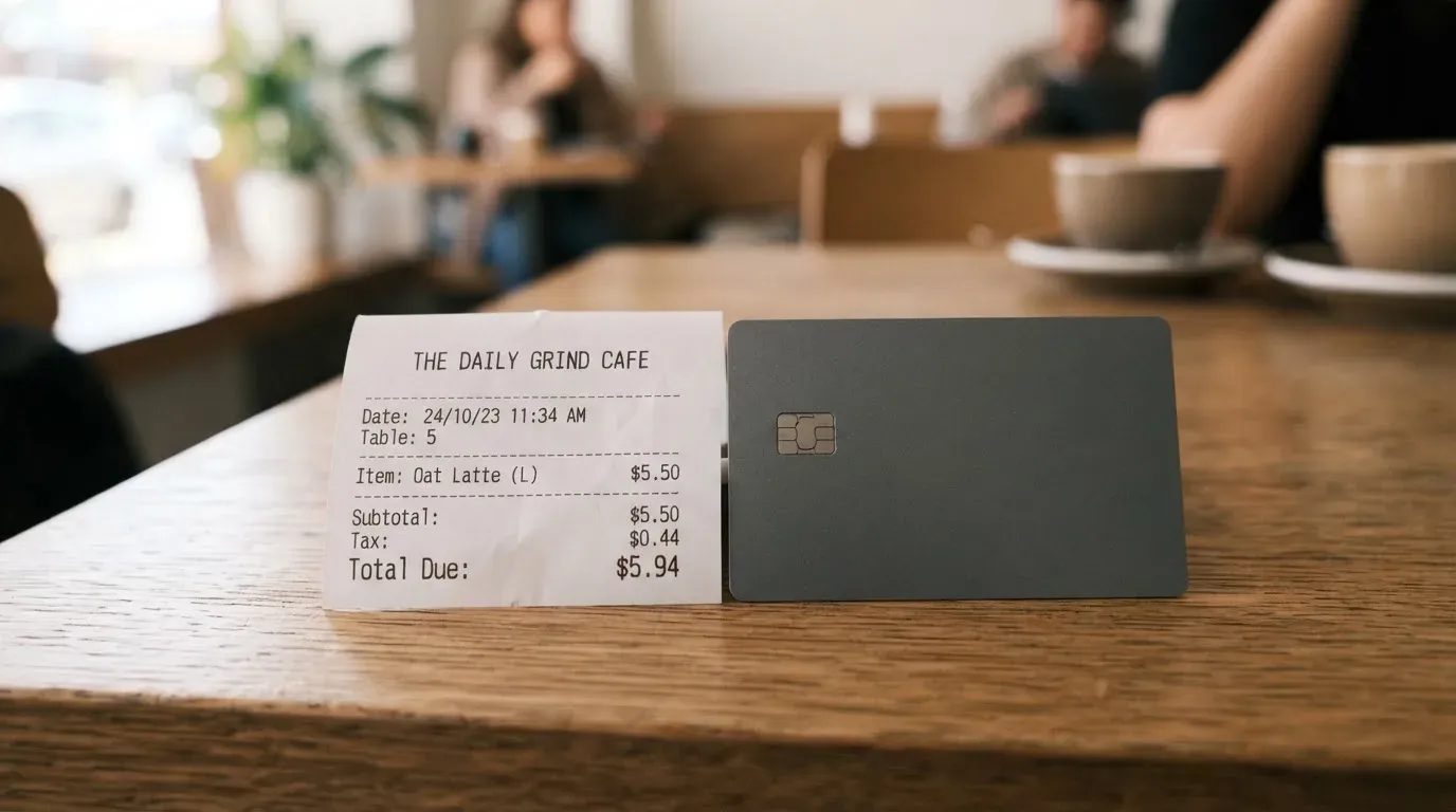 A receipt and a card on a café table