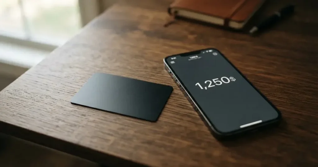 A payment card next to a phone with a crypto wallet app open