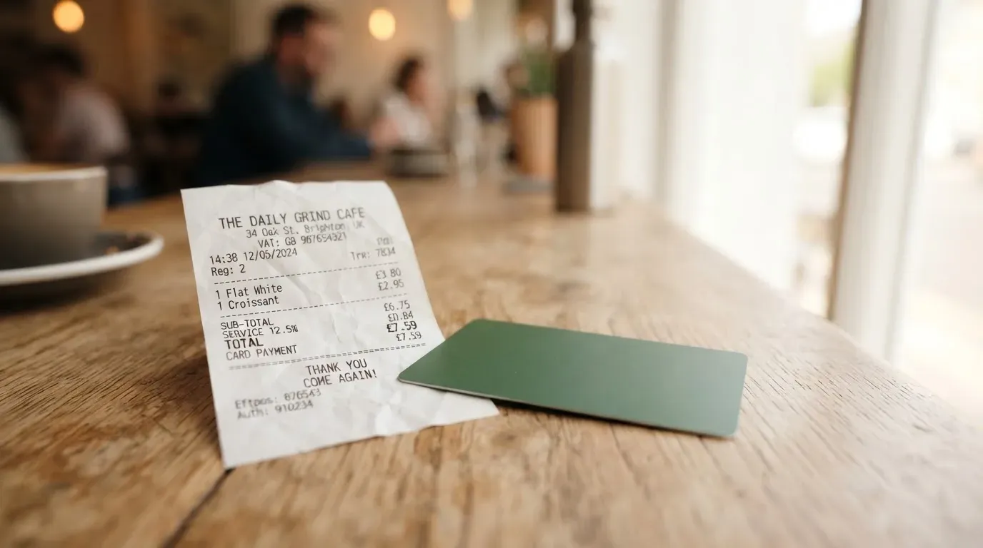 A receipt and a card on a café table