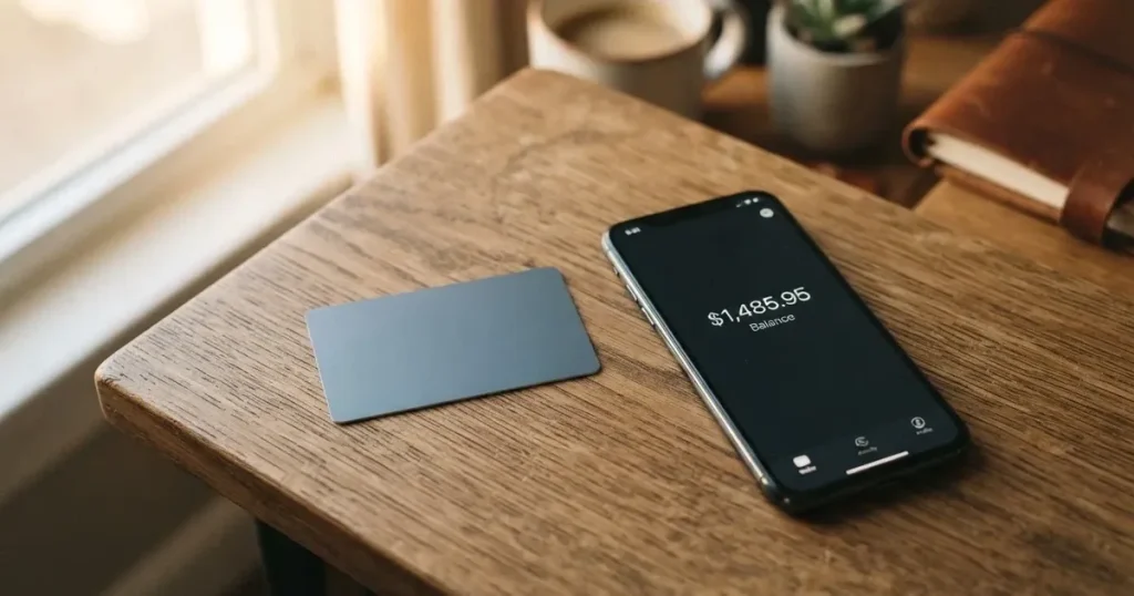 A payment card next to a phone with a crypto wallet app open