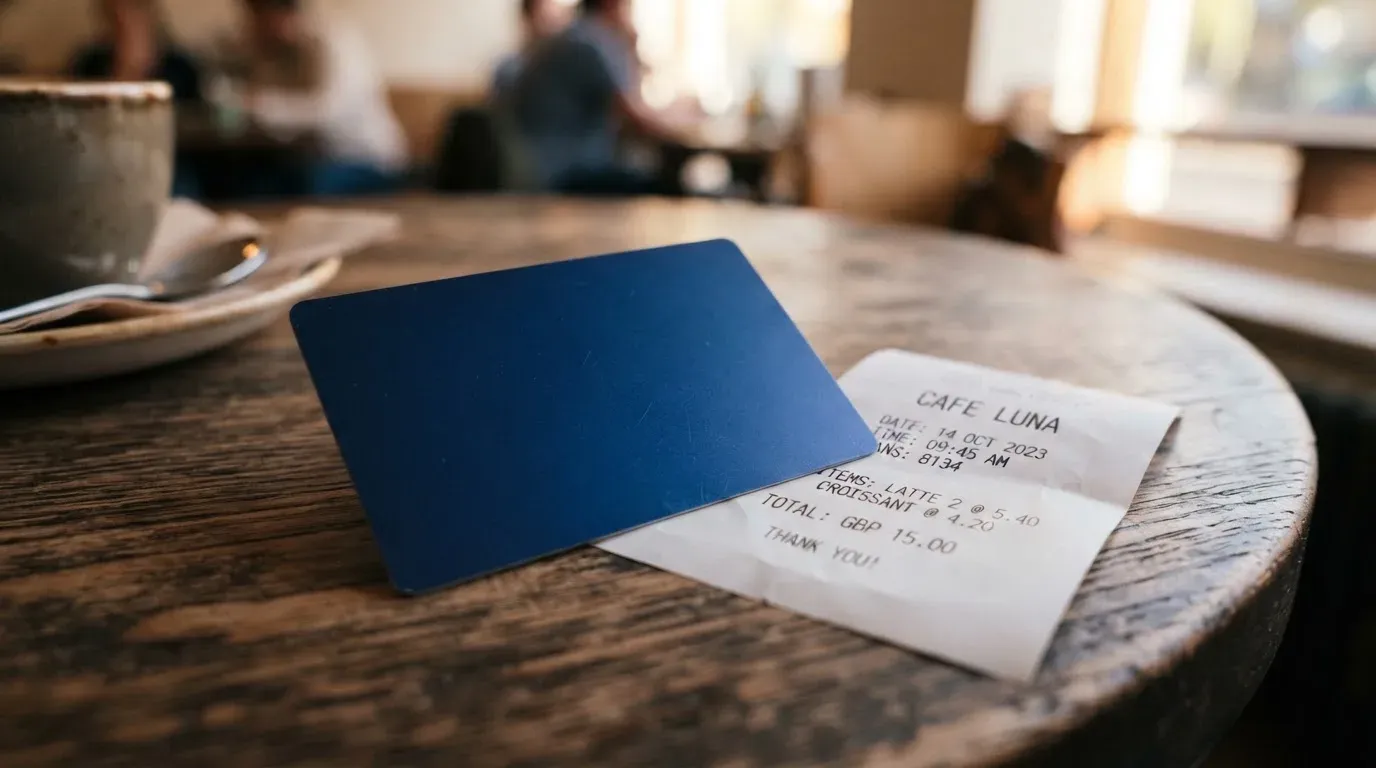 A receipt and a card on a café table