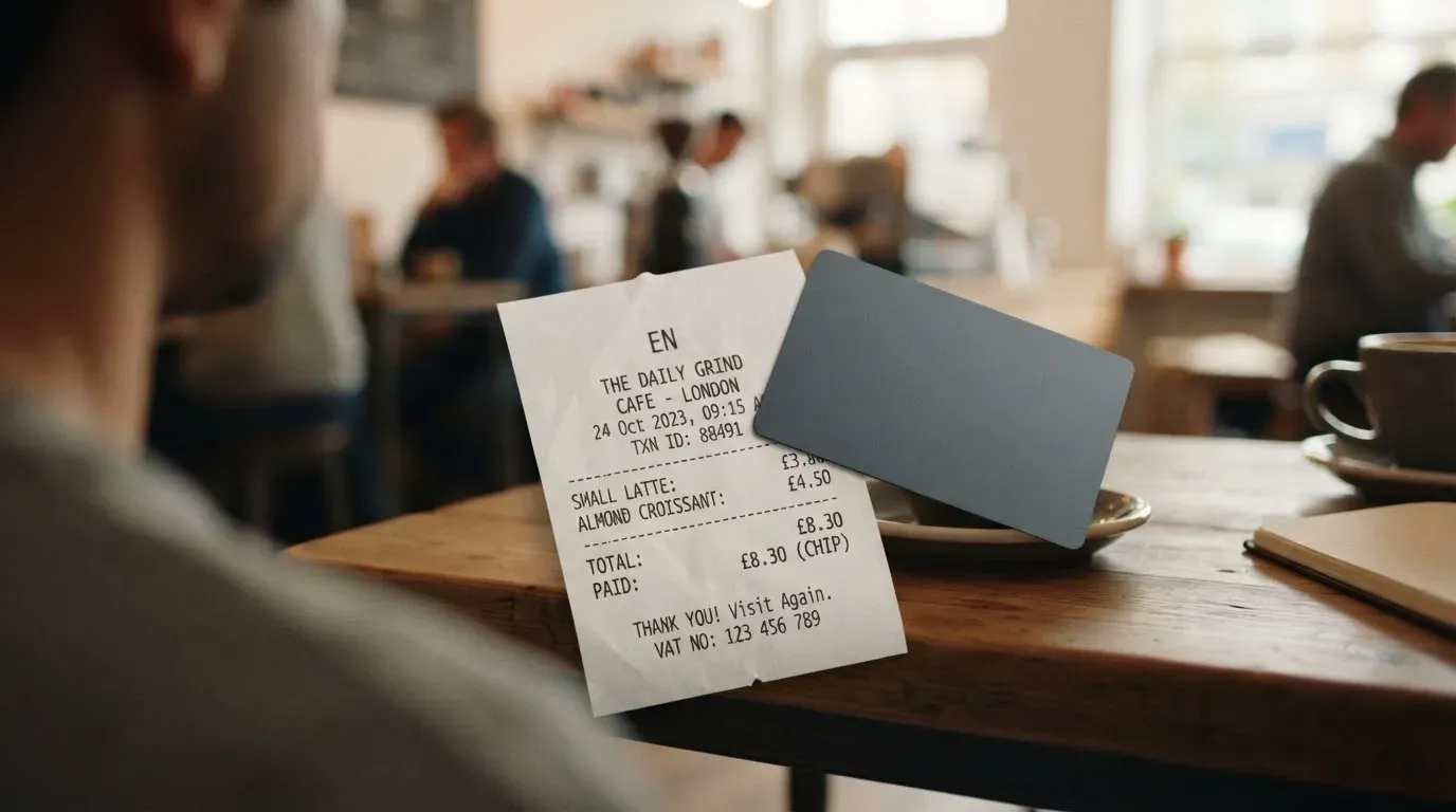 A receipt and a card on a café table
