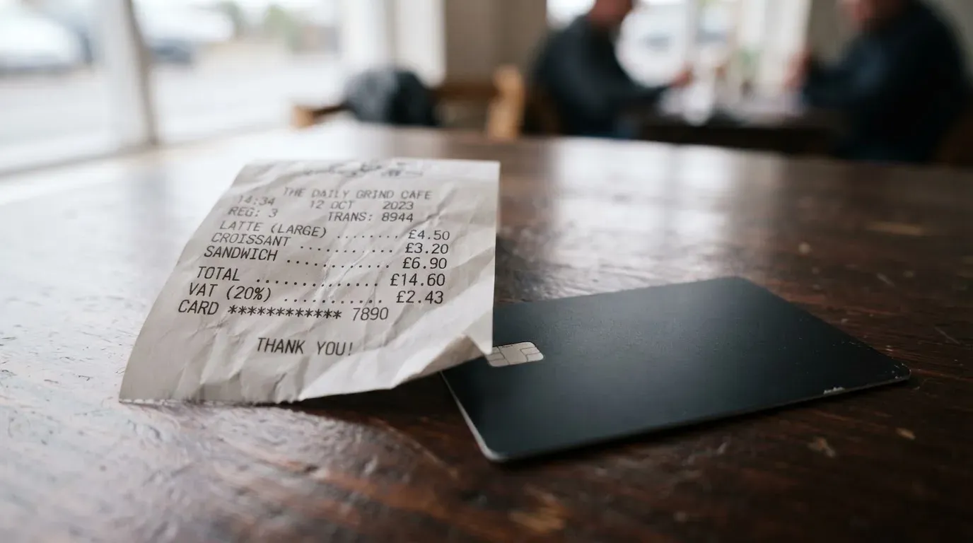 A receipt and a card on a café table