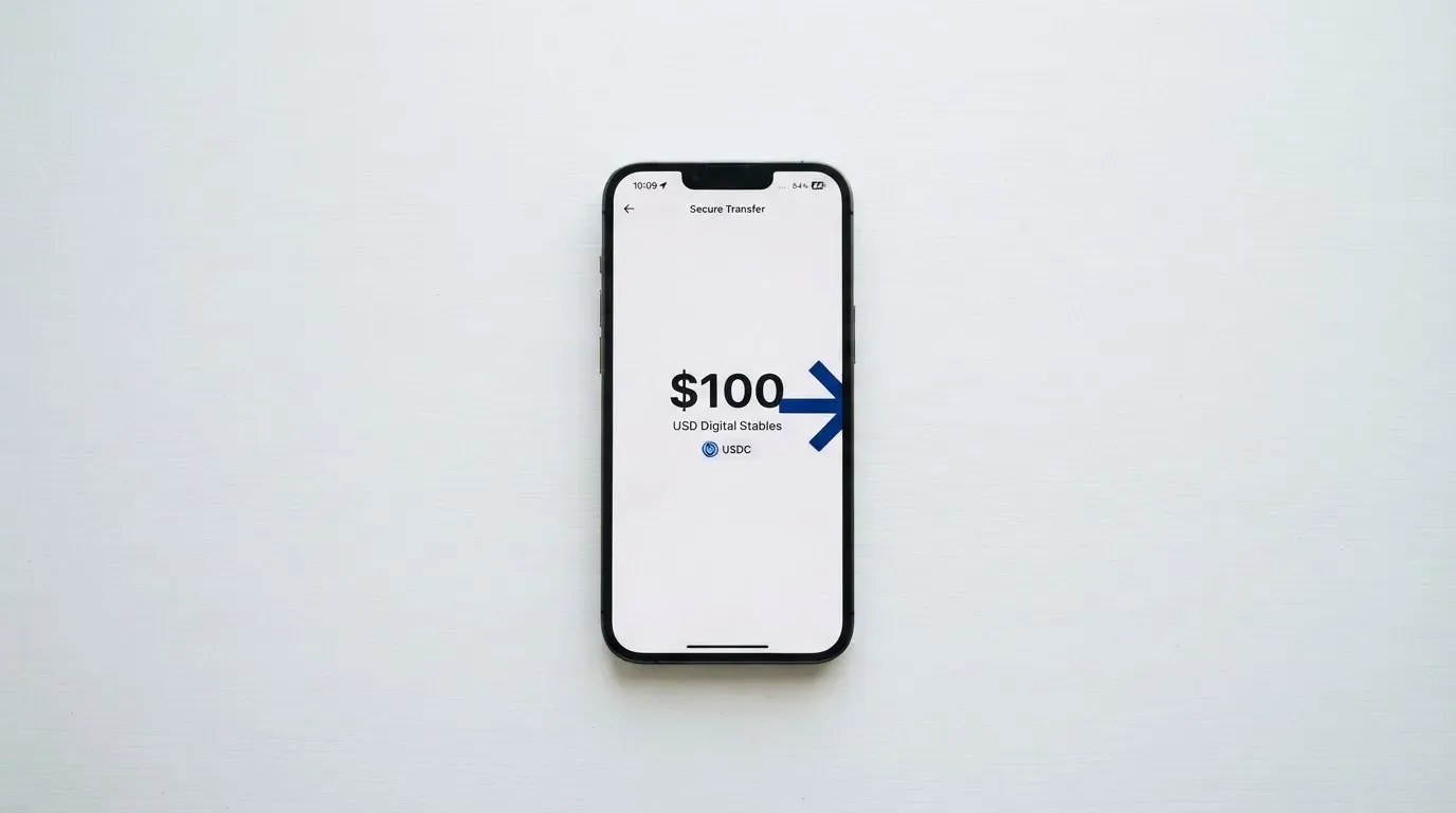 A phone showing a stablecoin transfer screen