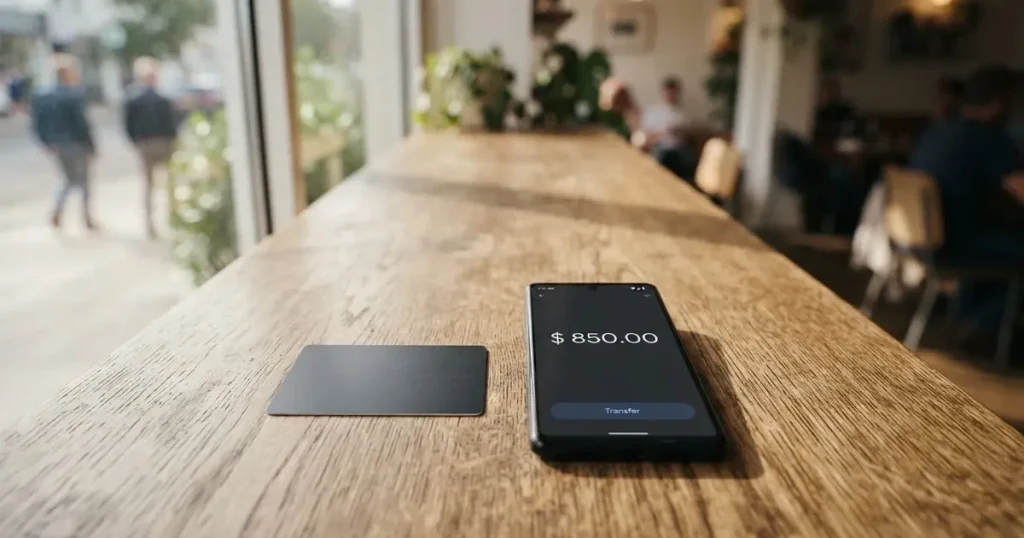 A payment card next to a phone with a crypto wallet app open