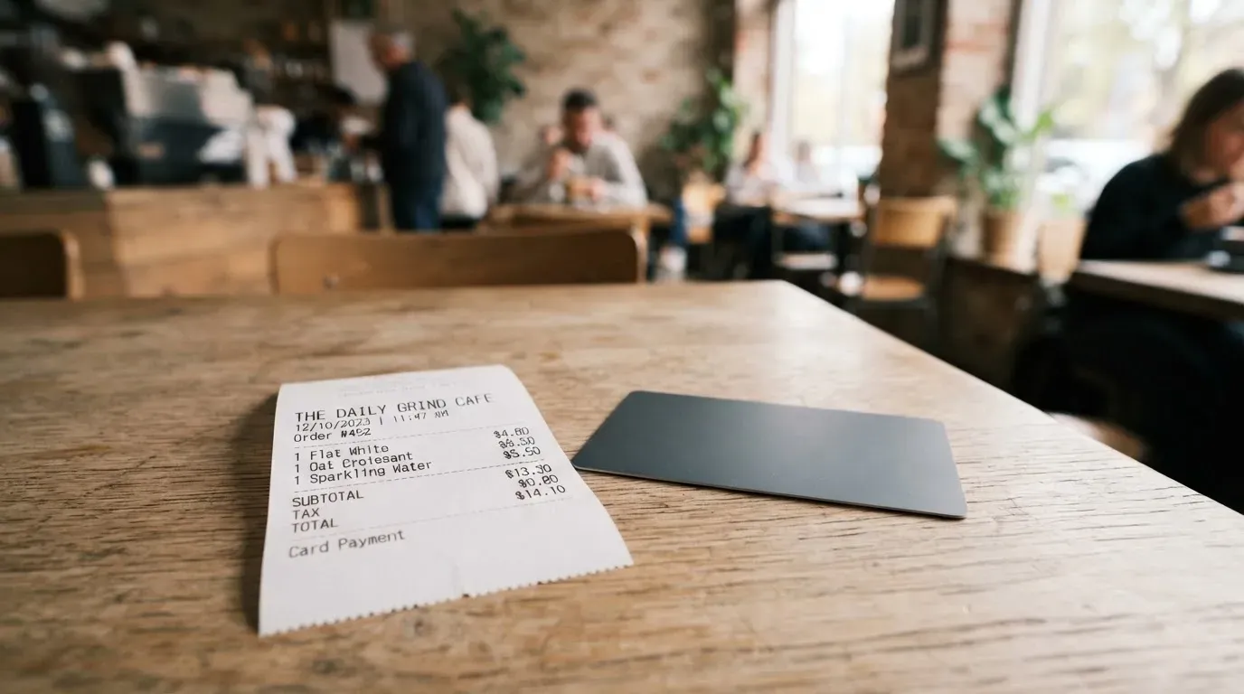 A receipt and a card on a café table