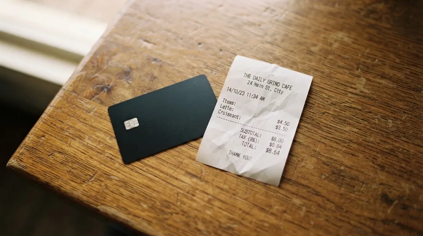 A receipt and a card on a café table