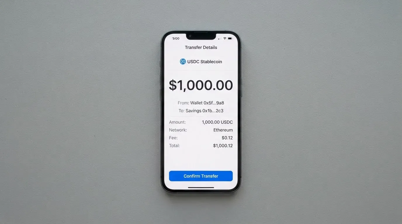 A phone showing a stablecoin transfer screen