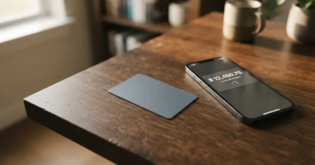A payment card next to a phone with a crypto wallet app open