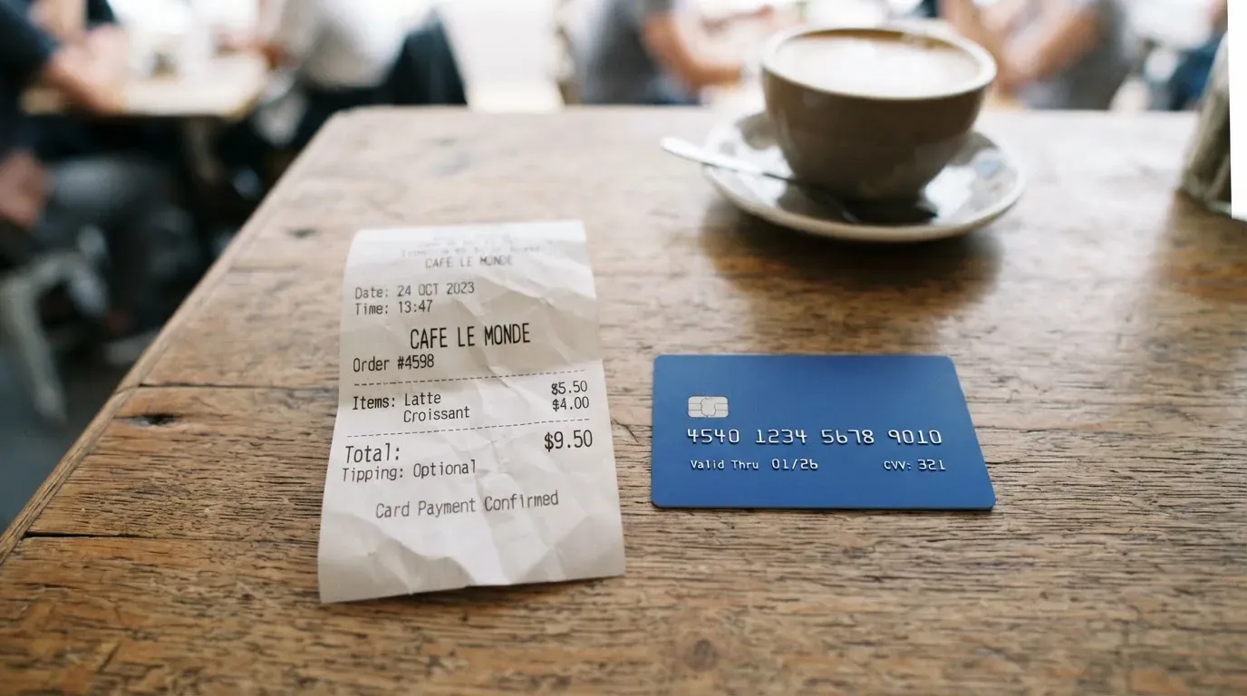 A receipt and a card on a café table