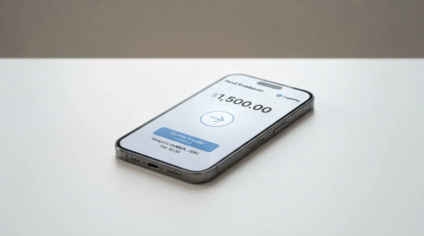 A phone showing a stablecoin transfer screen