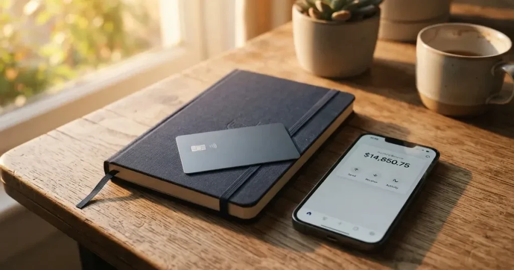 A payment card next to a phone with a crypto wallet app open