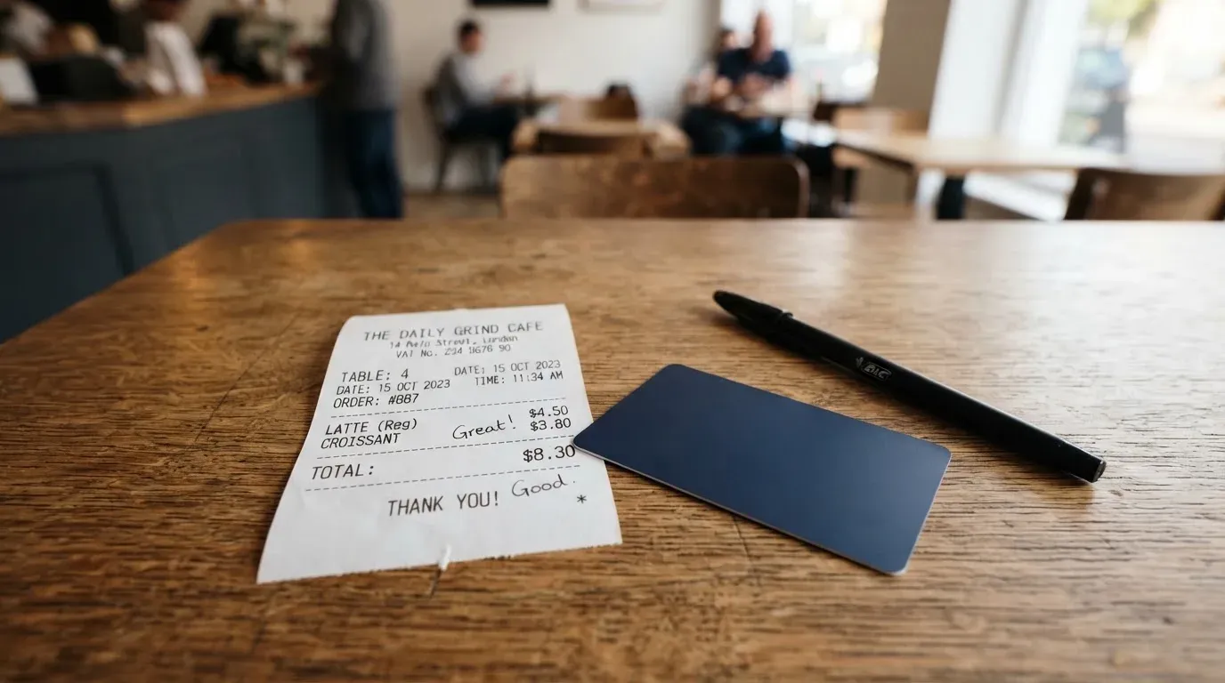 A receipt and a card on a café table