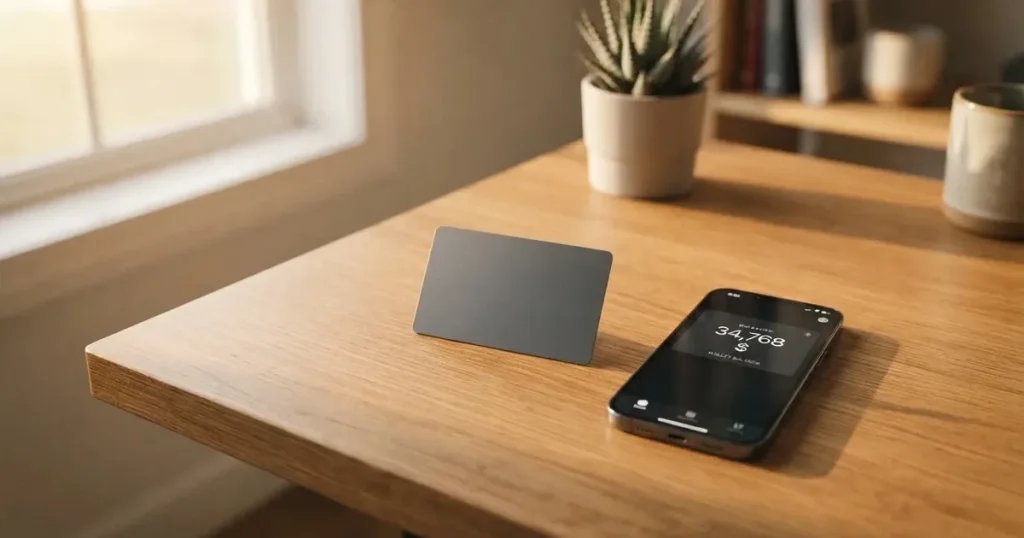 A payment card next to a phone with a crypto wallet app open