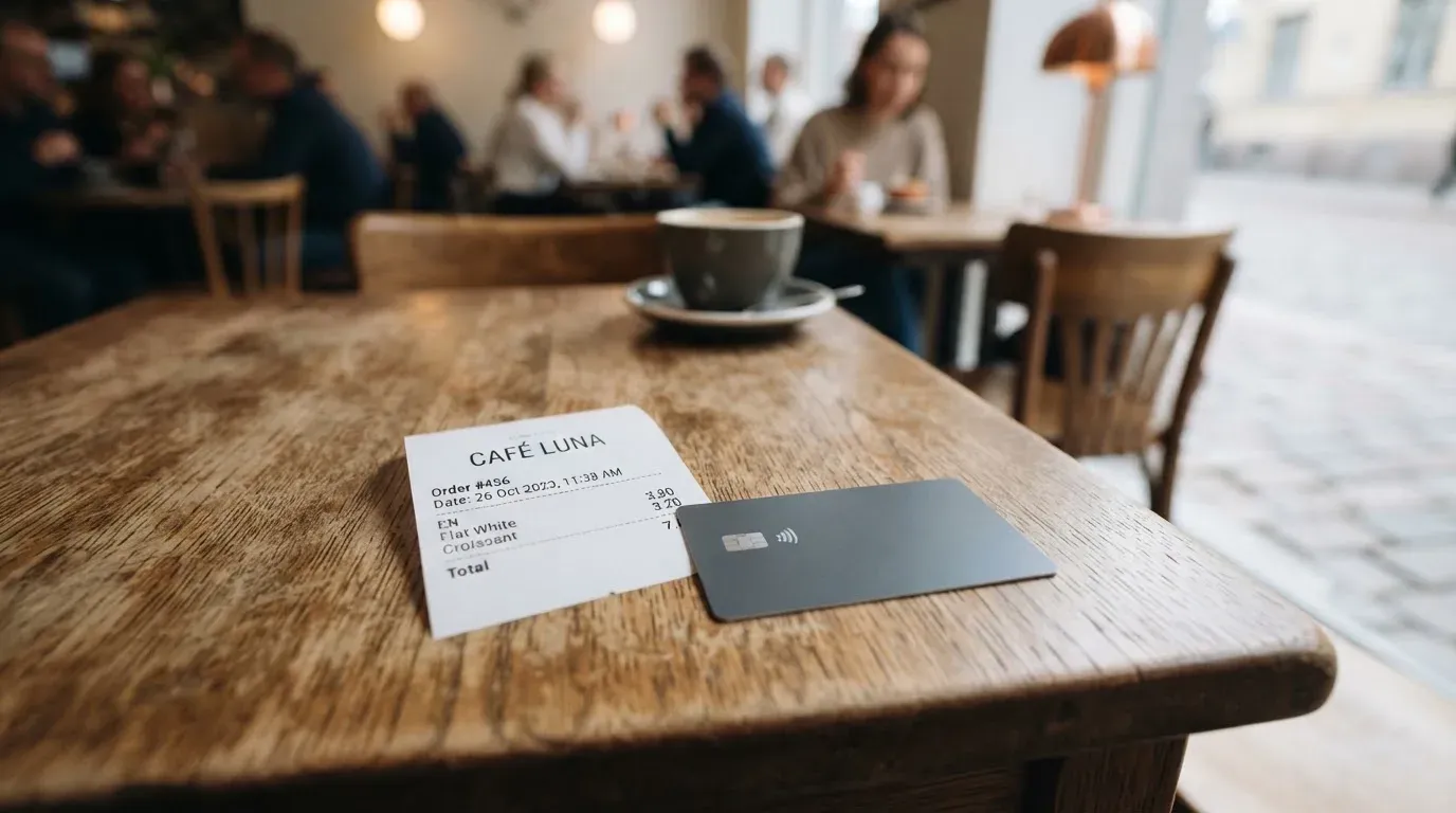 A receipt and a card on a café table