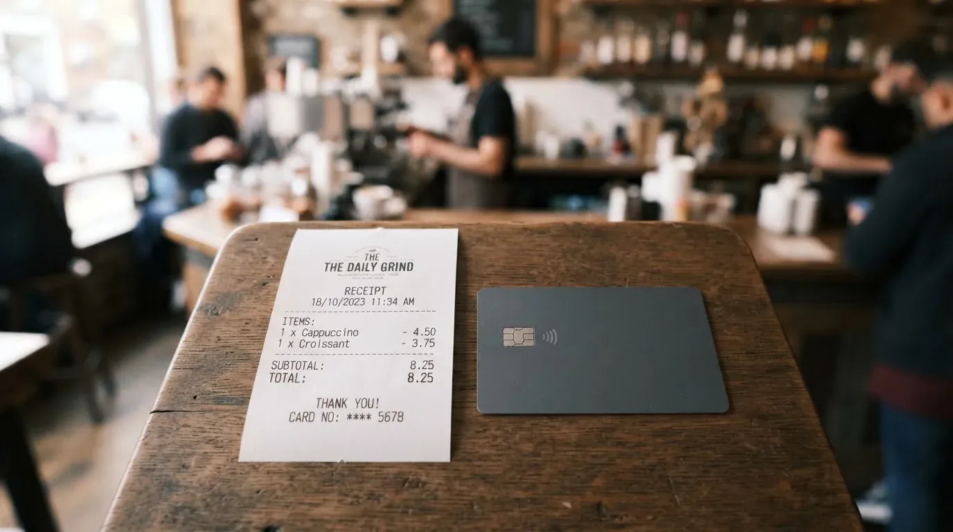 A receipt and a card on a café table