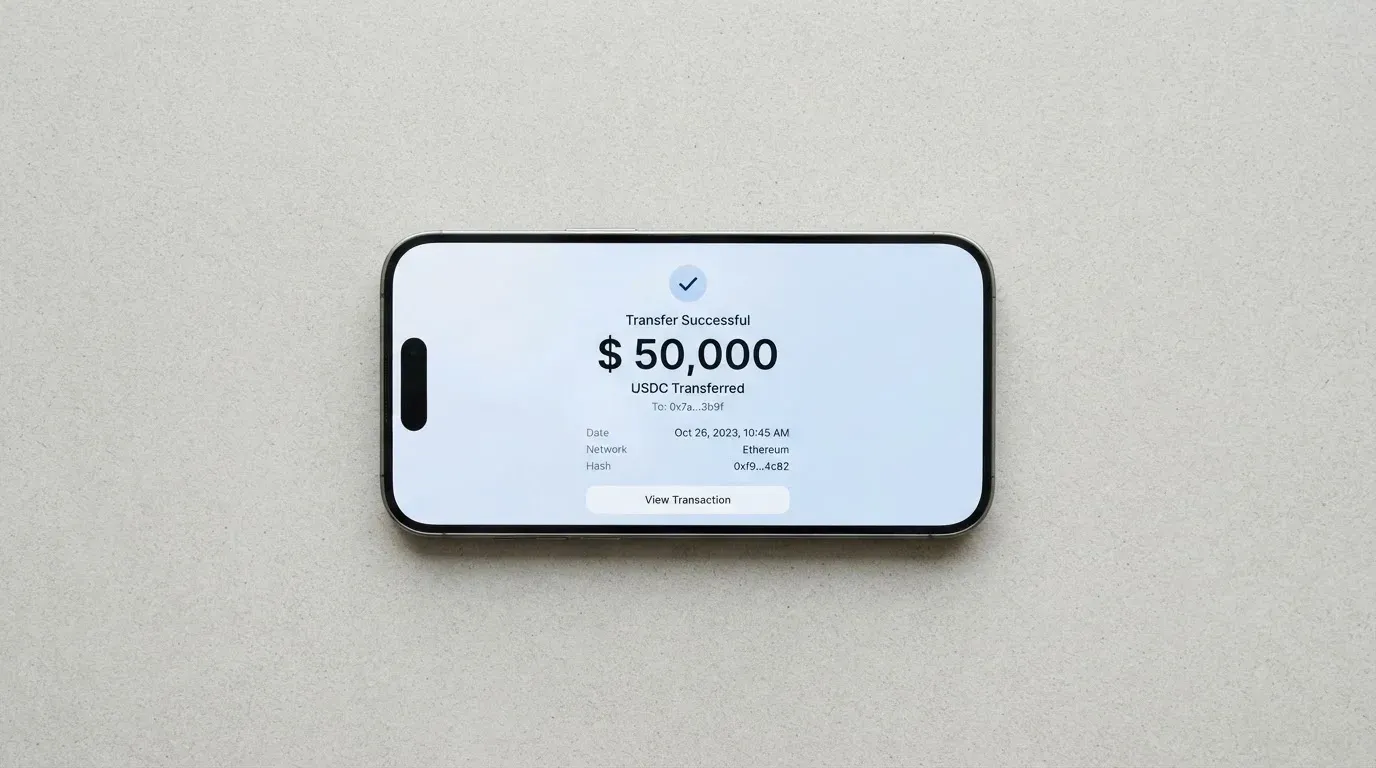 A phone showing a stablecoin transfer screen