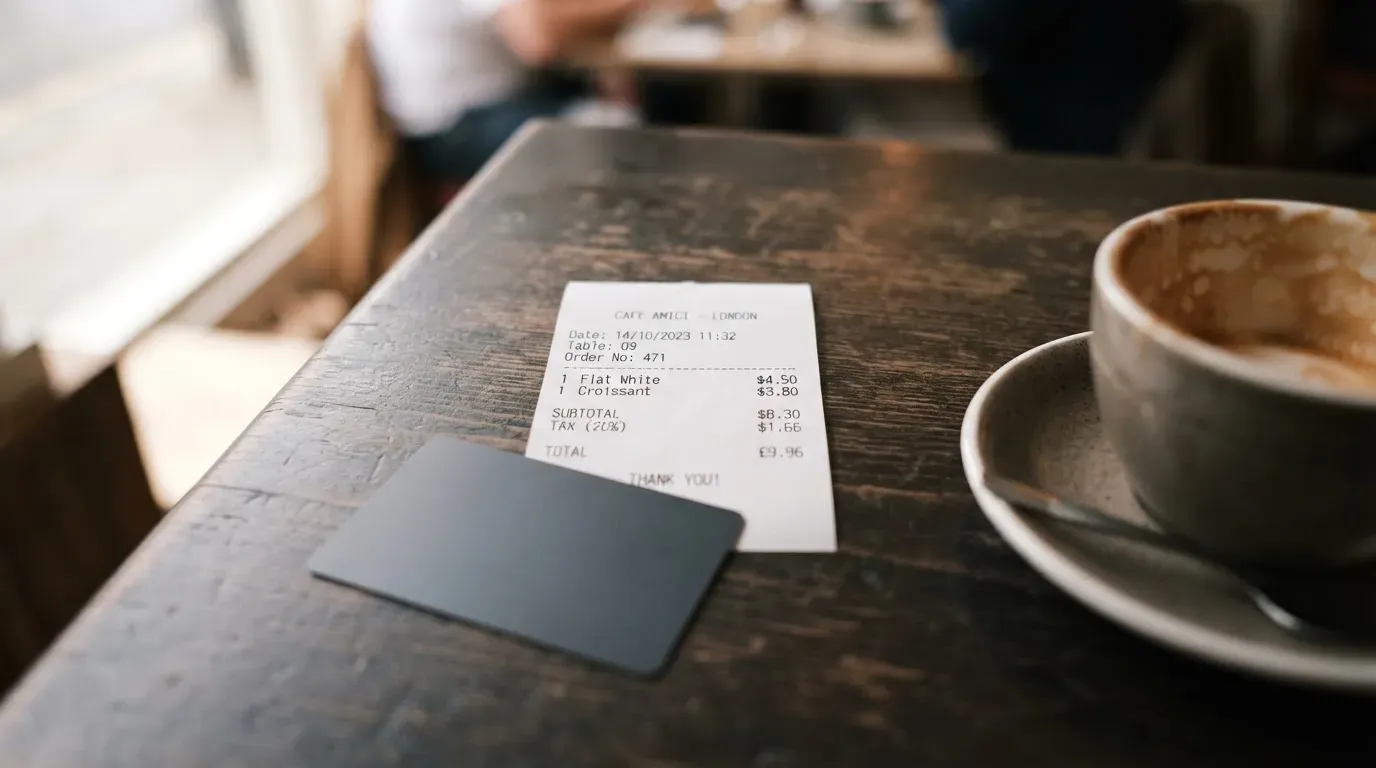 A receipt and a card on a café table
