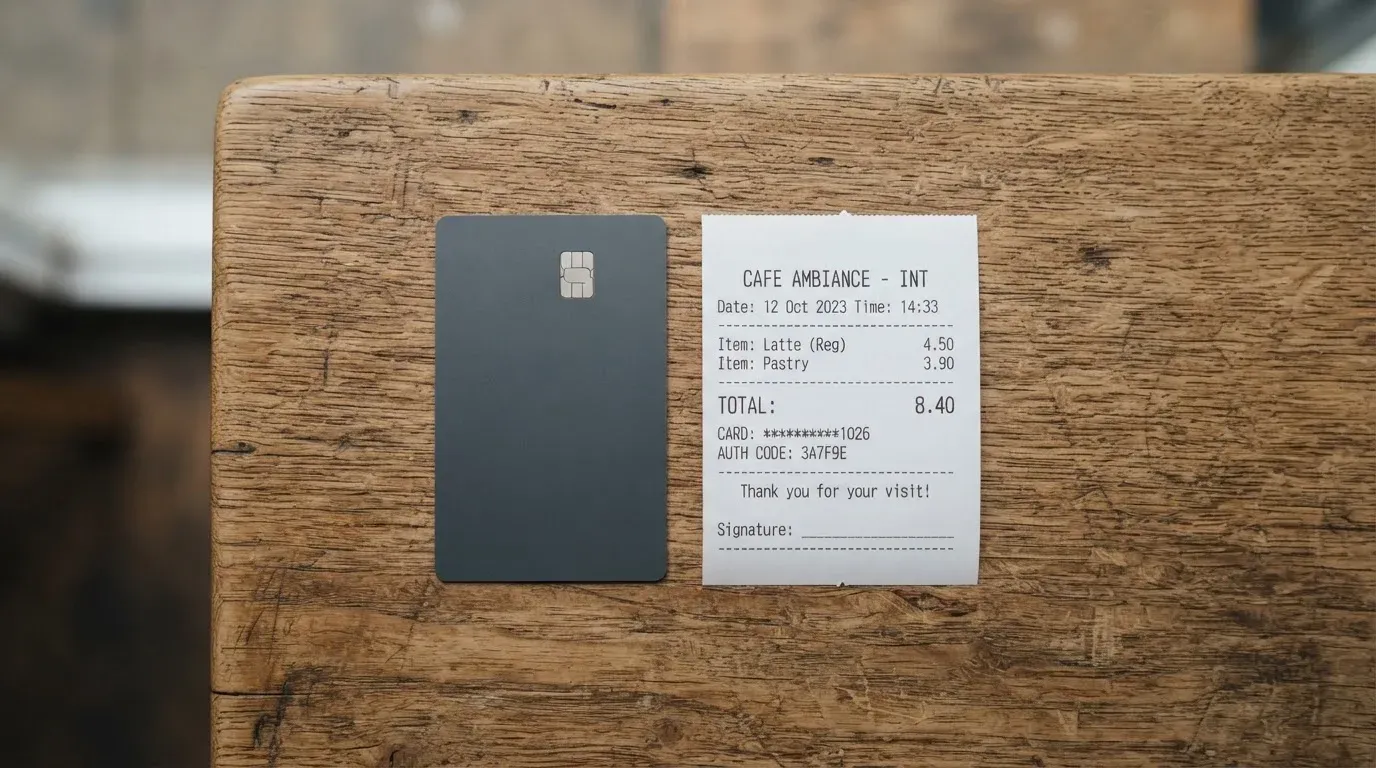 A receipt and a card on a café table