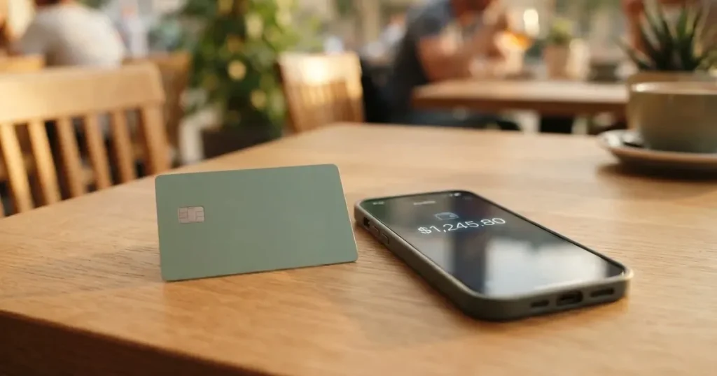 A payment card next to a phone with a crypto wallet app open