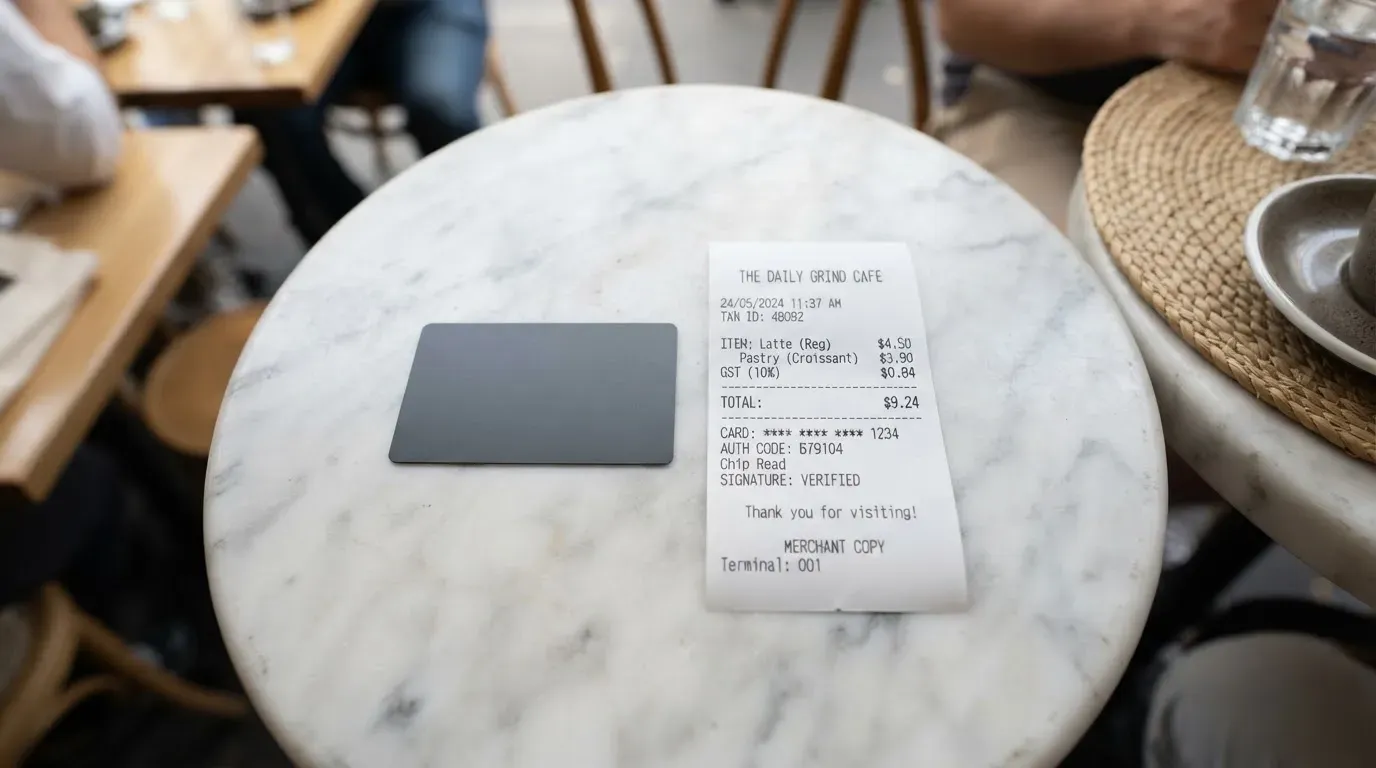 A receipt and a card on a café table