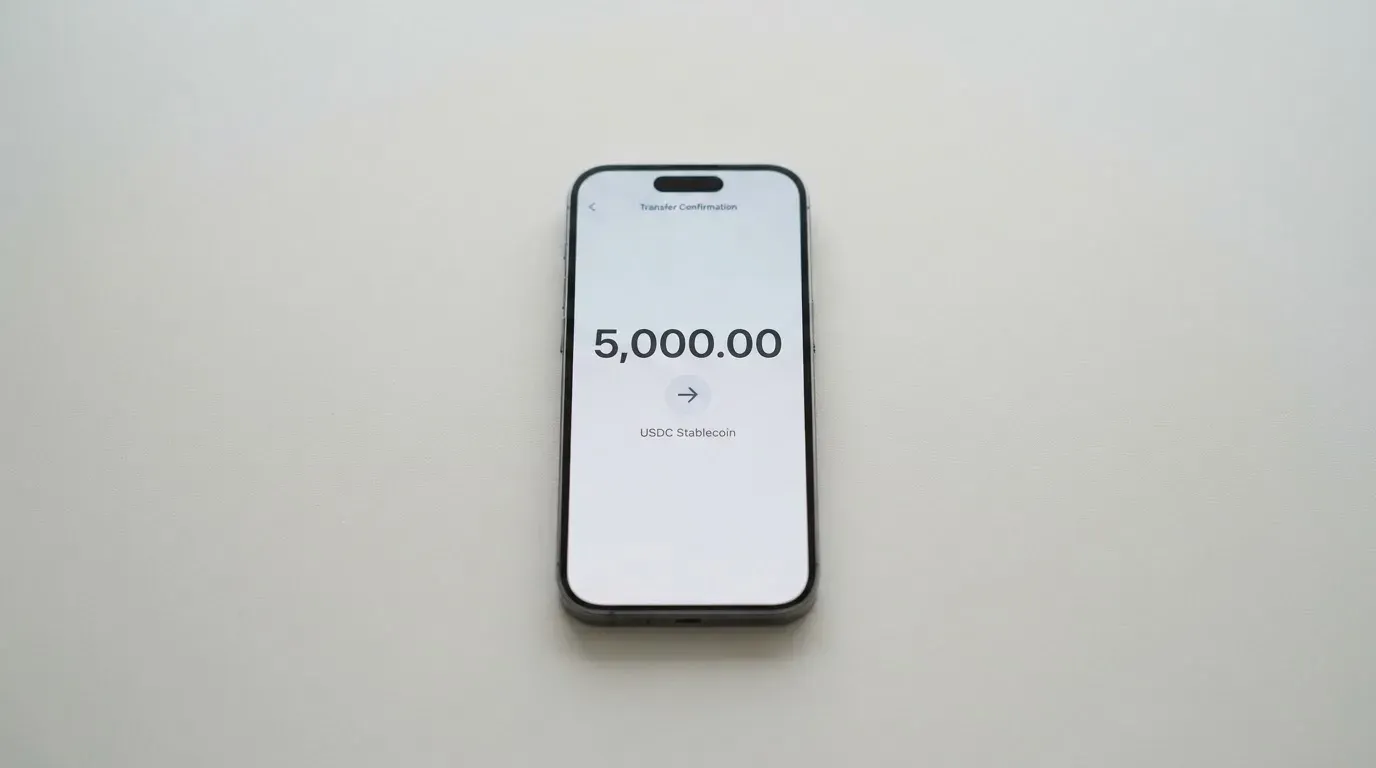 A phone showing a stablecoin transfer screen