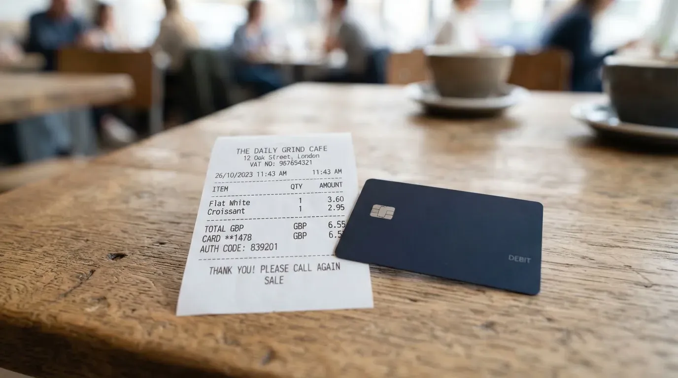 A receipt and a card on a café table