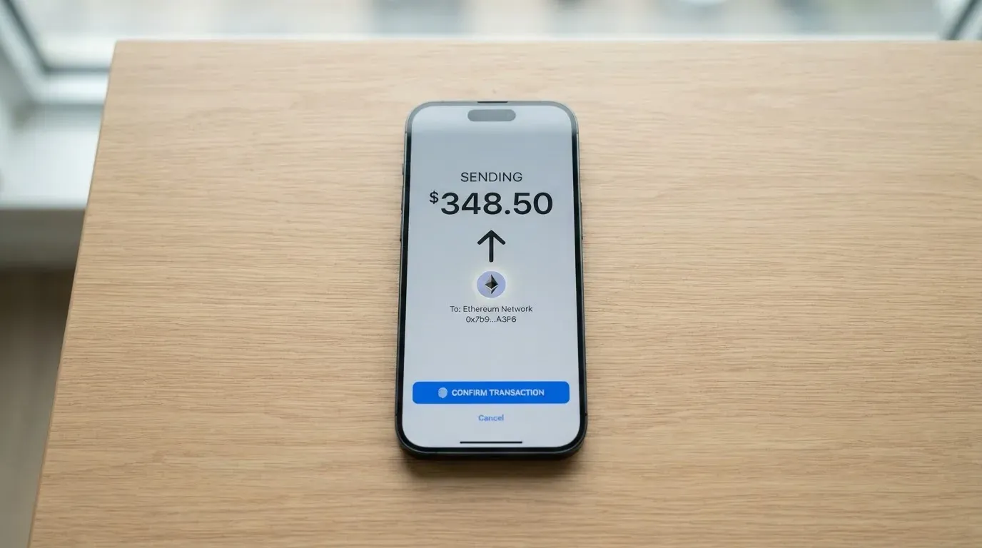 A phone showing a stablecoin transfer screen