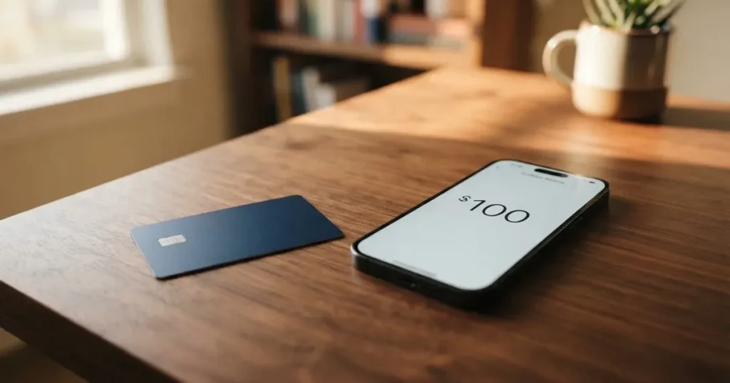 A payment card next to a phone with a crypto wallet app open