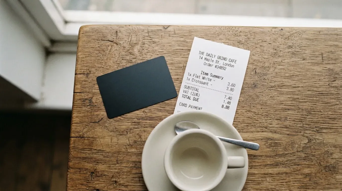 A receipt and a card on a café table