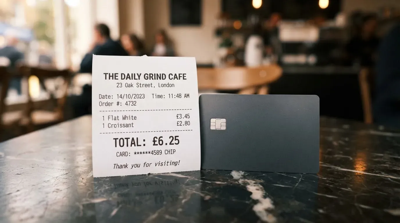 A receipt and a card on a café table