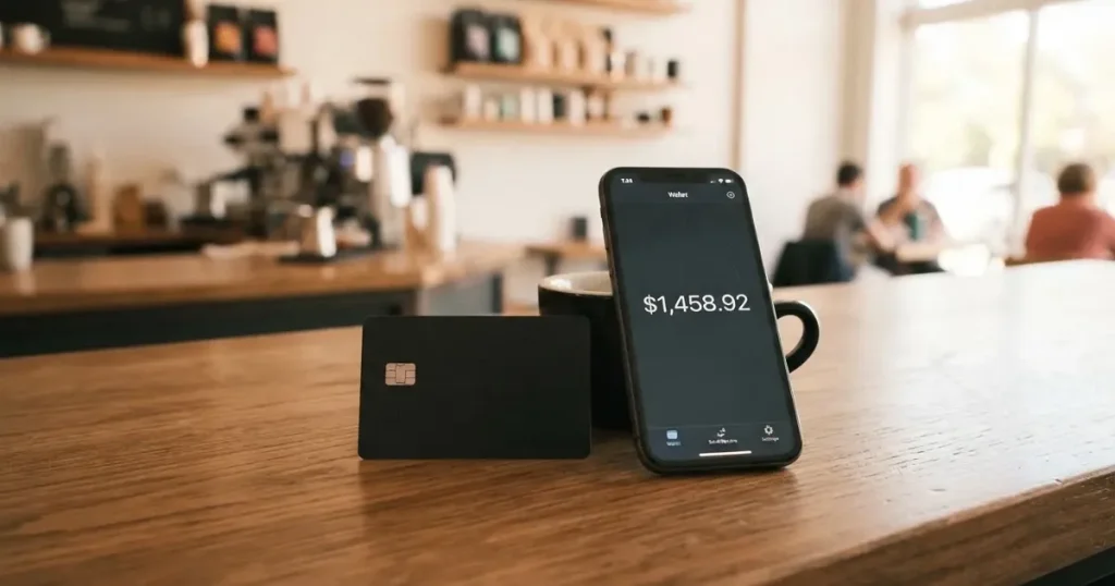 A payment card next to a phone with a crypto wallet app open