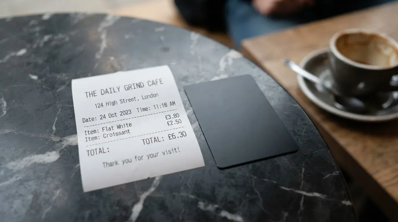 A receipt and a card on a café table