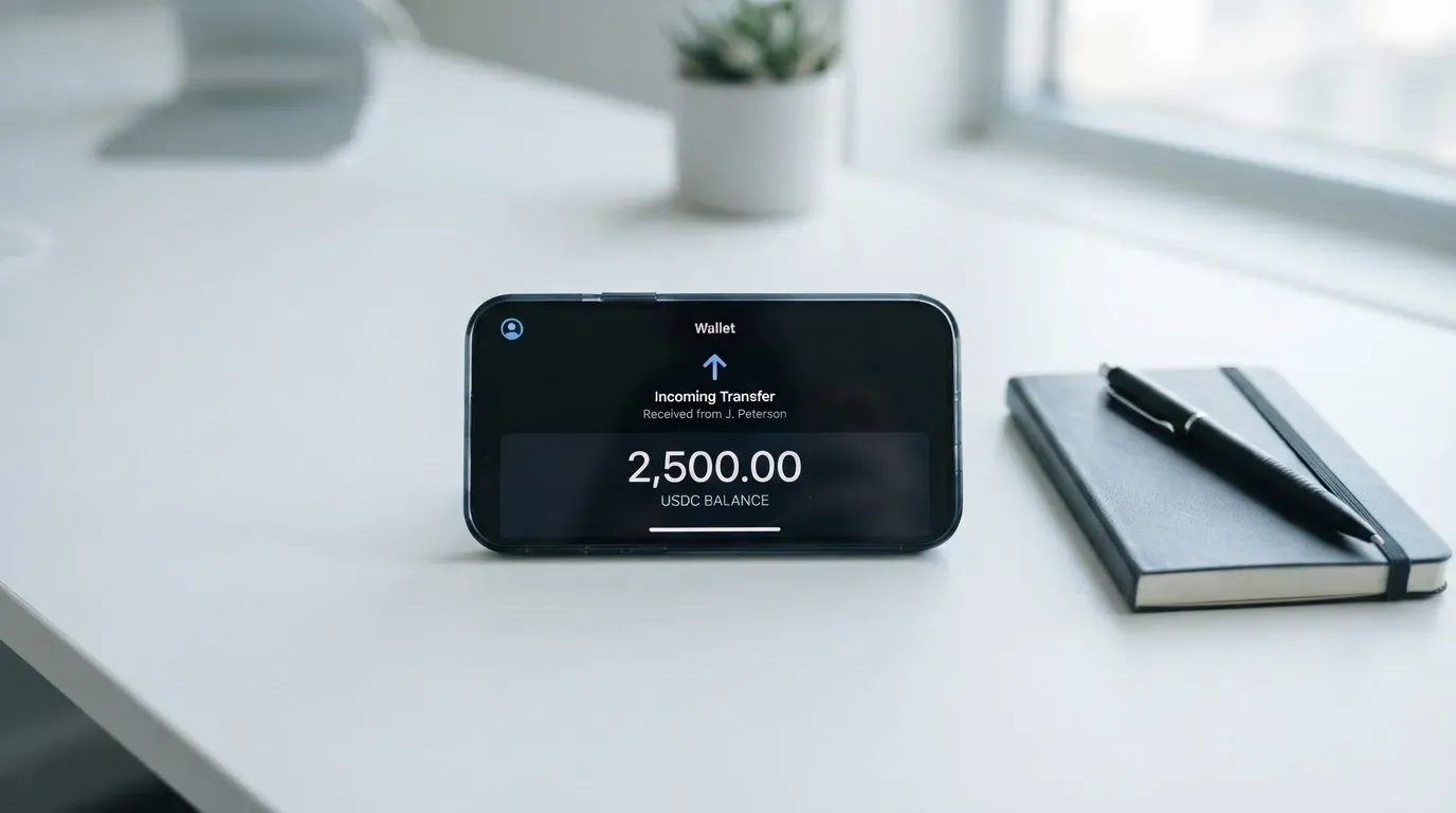 A phone showing a stablecoin transfer screen