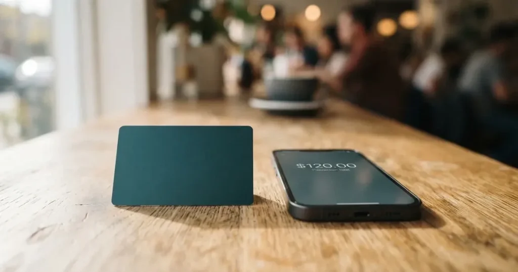 A payment card next to a phone with a crypto wallet app open