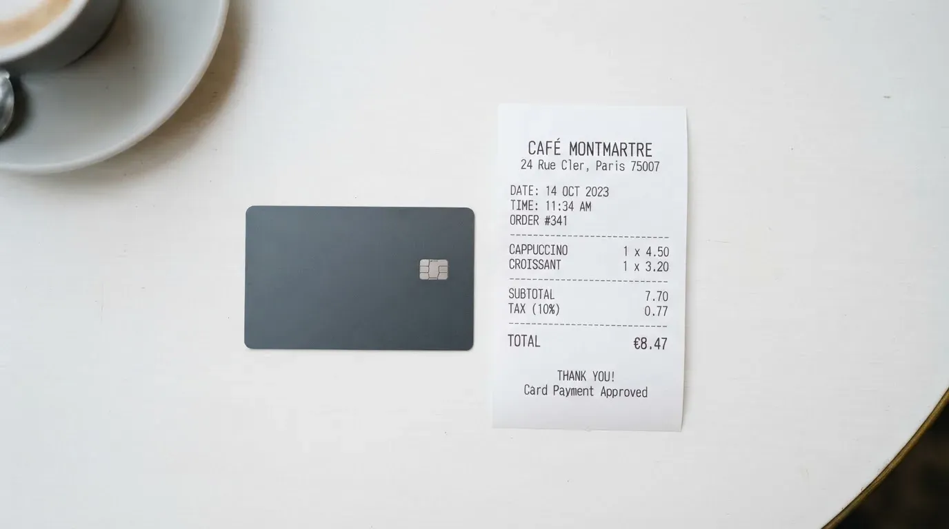 A receipt and a card on a café table