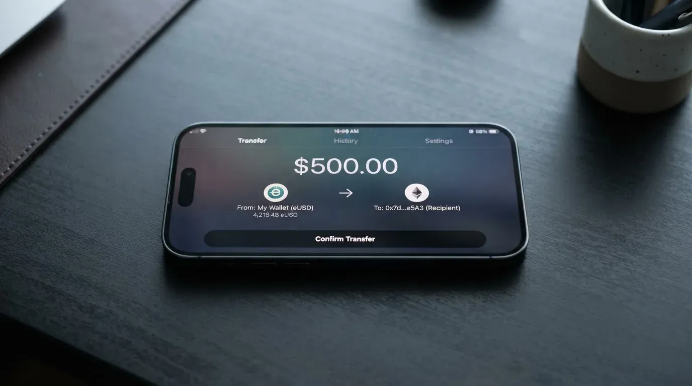 A phone showing a stablecoin transfer screen