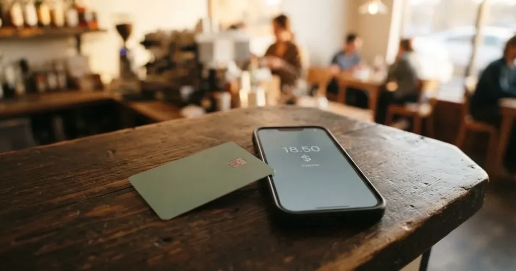 A payment card next to a phone with a crypto wallet app open