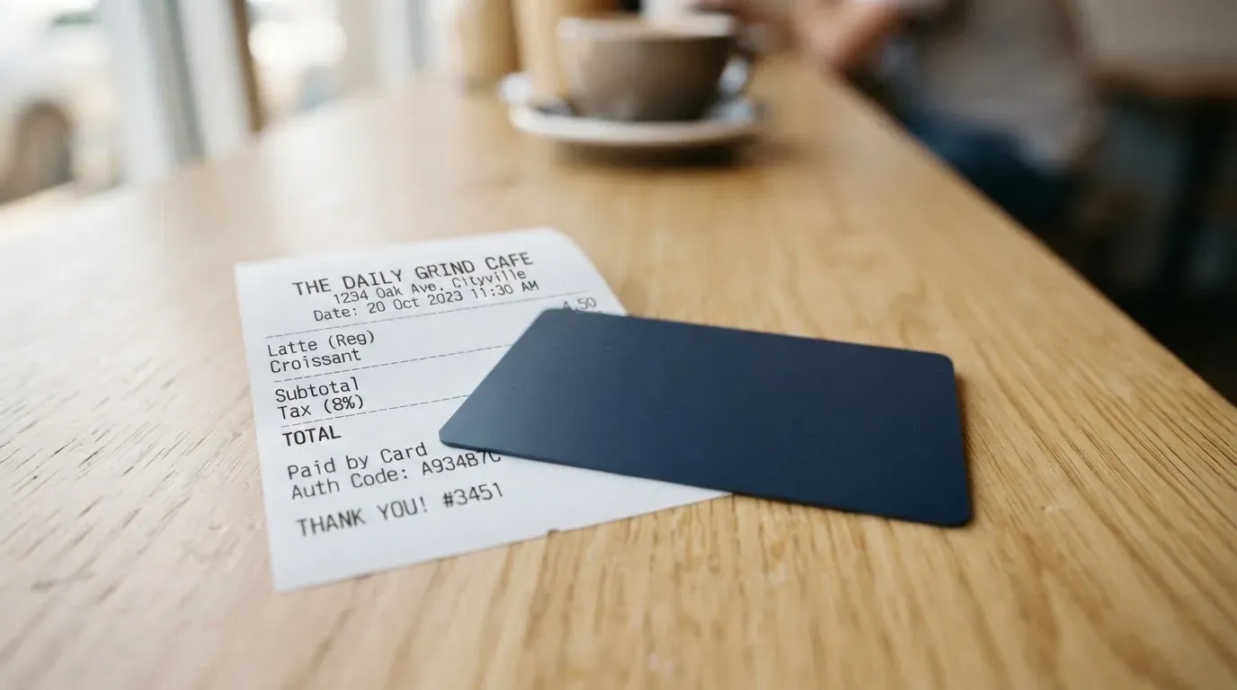 A receipt and a card on a café table