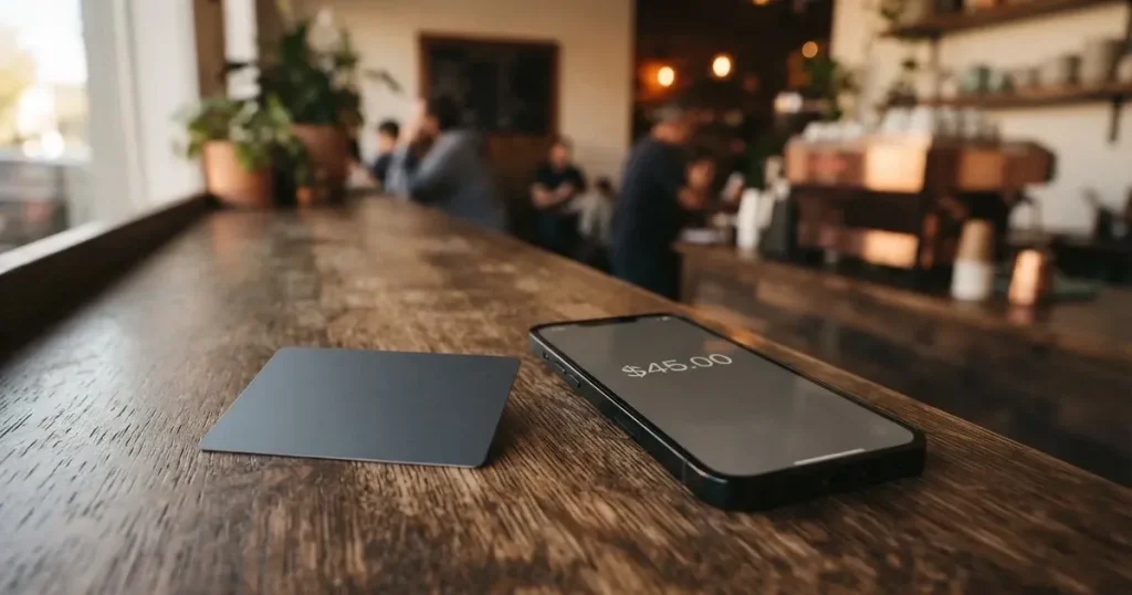 A payment card next to a phone with a crypto wallet app open