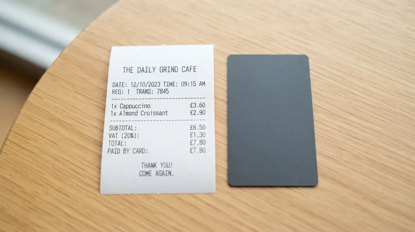 A receipt and a card on a café table