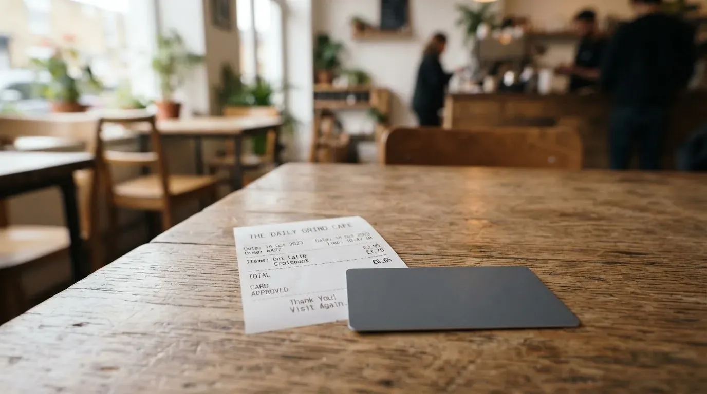 A receipt and a card on a café table